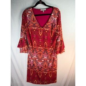 Jamie & Layla Pink Paisley‎ V-Neck Bell Sleeve Sheath Dress Womens XL